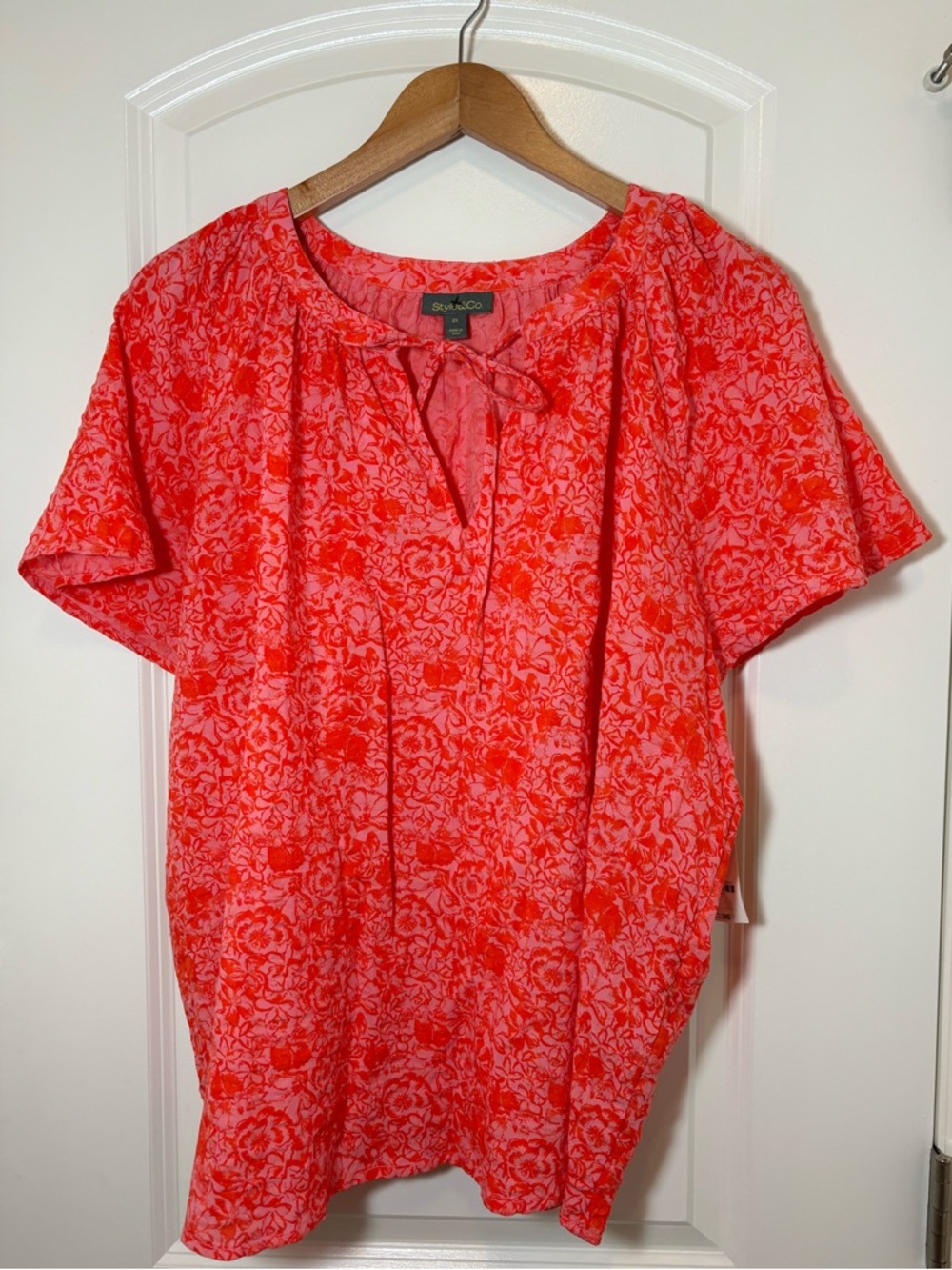 Style & Co. Coral Floral Tie-Neck Blouse